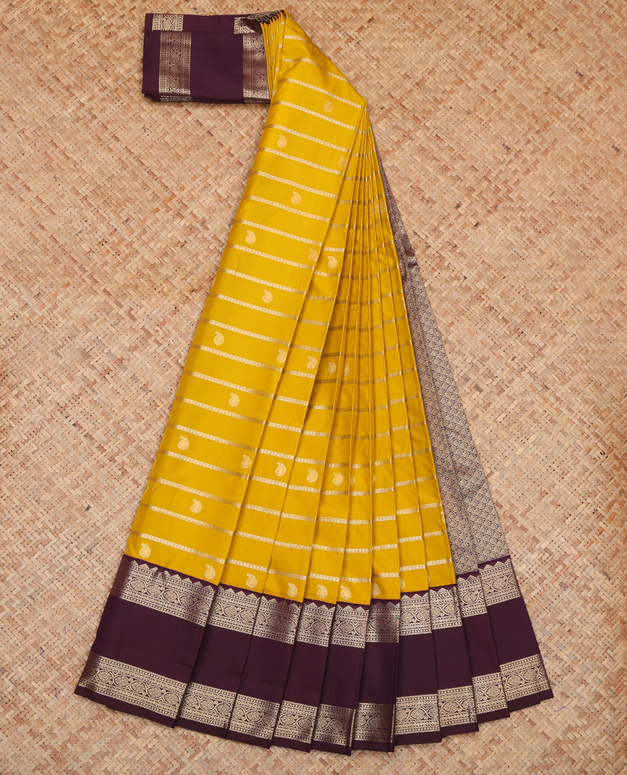 Yellow Budget Silk Saree, Detailed with Zari Buttas and Stripes, a Contrast Traditional Zari Rettai Pettu Border, Grand Pallu, and a Contrast Blouse
