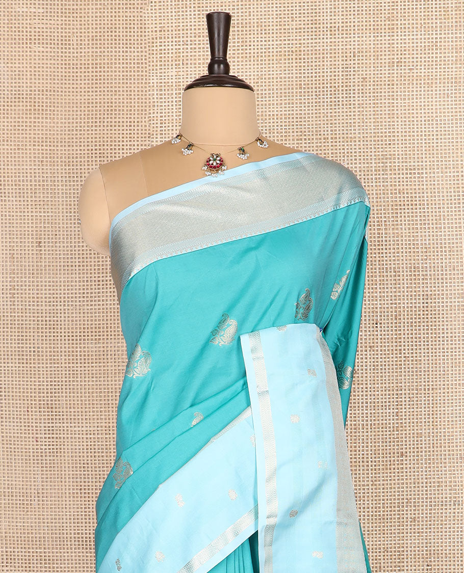 Blue zari buttas budget silk saree, contrast traditional zari design border, and jaal pallu