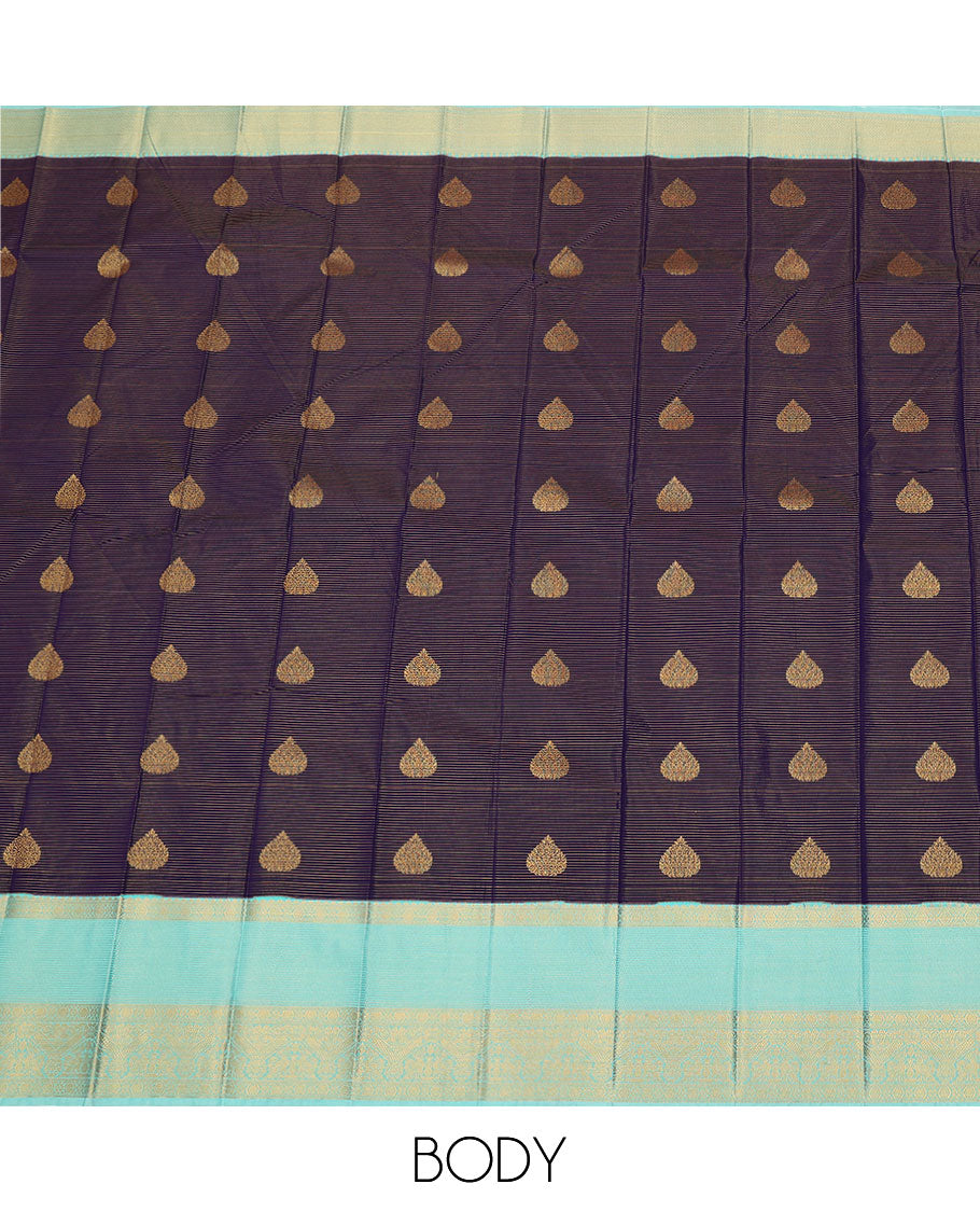 Violet zari stripes, and buttas budget silk saree, contrast traditional zari design border, and jaal pallu