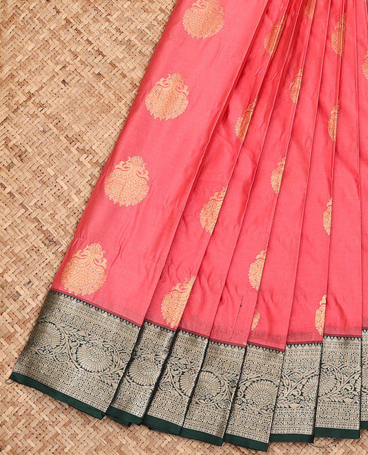 Pink Budget Silk Saree, Meticulously Crafted with Peacock Buttas, Complemented by a Contrast Traditional Zari Border of Floral Creeper Designs, Grand Pallu of Jaal Designs, and Paired with a Contrast Blouse