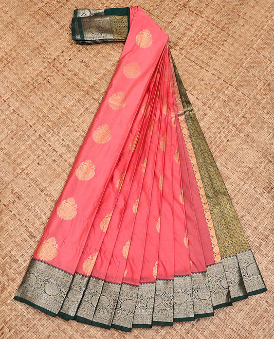 Pink Budget Silk Saree, Meticulously Crafted with Peacock Buttas, Complemented by a Contrast Traditional Zari Border of Floral Creeper Designs, Grand Pallu of Jaal Designs, and Paired with a Contrast Blouse