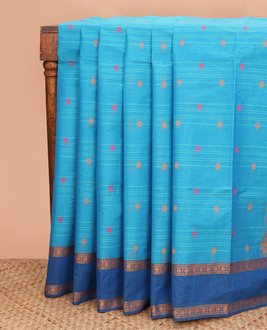 Blue striped and buttas coimbatore cotton saree, contrast rettai pettu border of pallu of floral designs