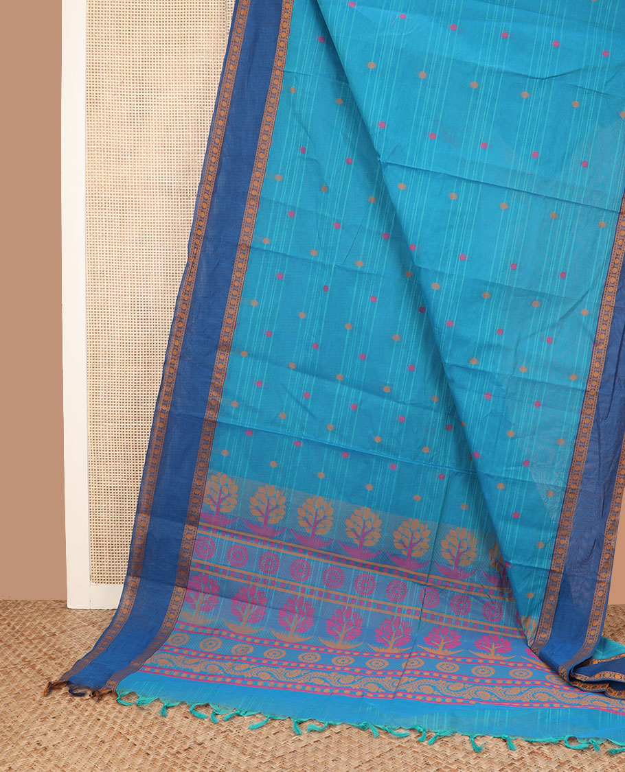Blue striped and buttas coimbatore cotton saree, contrast rettai pettu border of pallu of floral designs