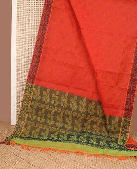 Orange floral vine Coimbatore cotton saree, lotus & dots design border & contrast leaf motifs woven pallu