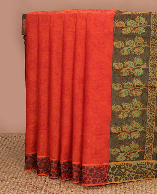 Orange floral vine Coimbatore cotton saree, lotus & dots design border & contrast leaf motifs woven pallu