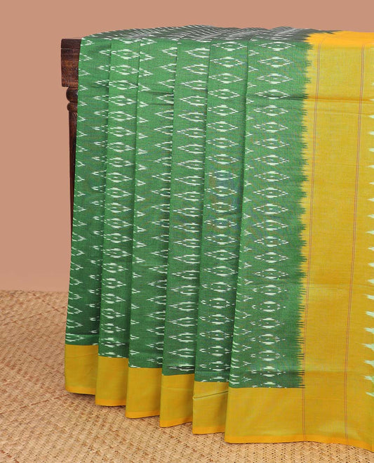 Green ogee design ikkat cotton saree with contrast border & intricate design pallu