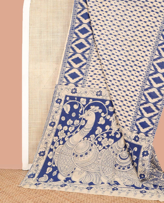 Cream-Blue Machine-Printed Kalamkari Cotton Saree, Subtly Printed with Buttas on Its Body, Diamond-Printed Border, Pallu of Peacock Print, and Paired with a Printed Blouse