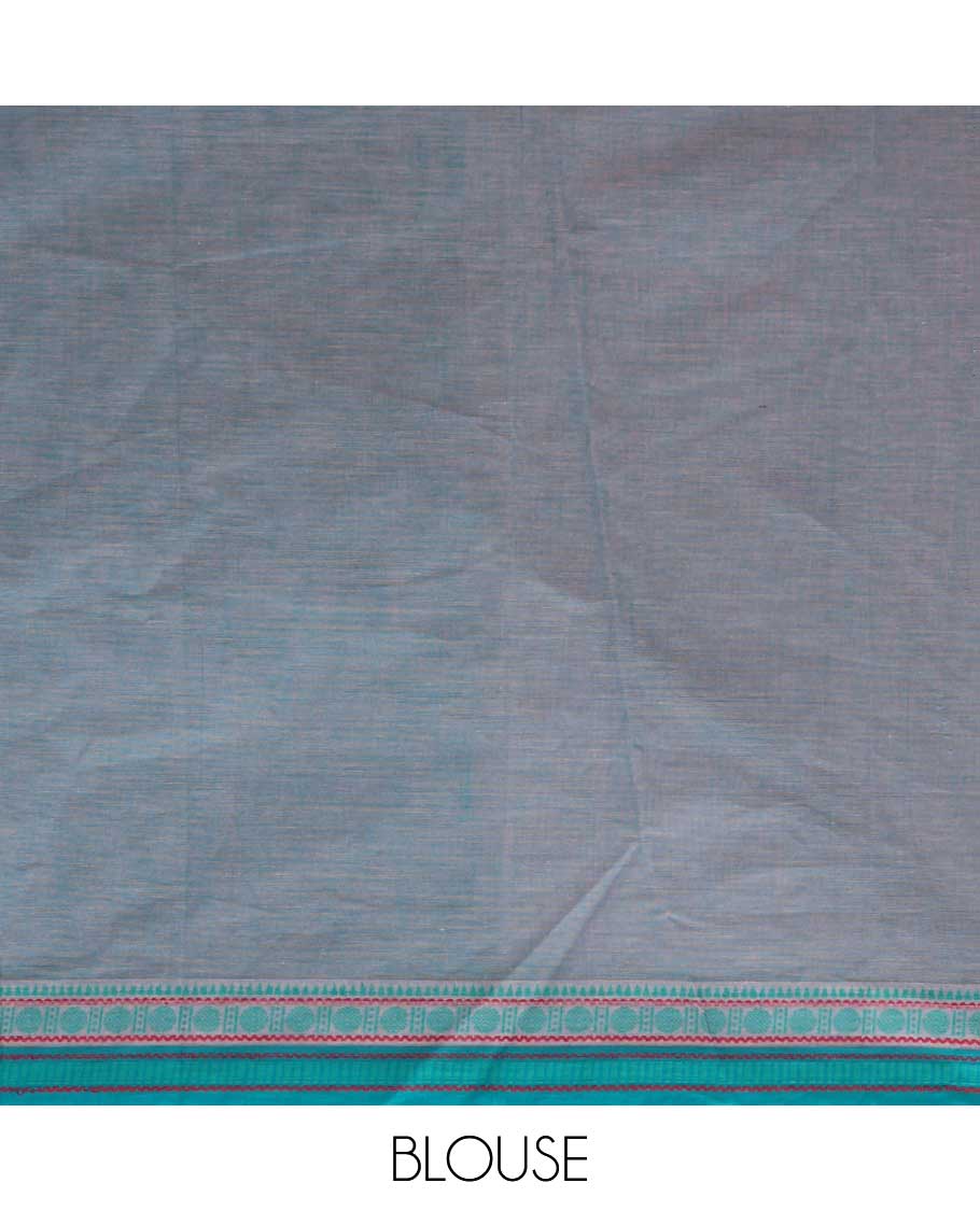 Blue kalamkari-style floral vine & elephant chirala cotton saree, contrast traditional design border & pallu of stripes & floral design