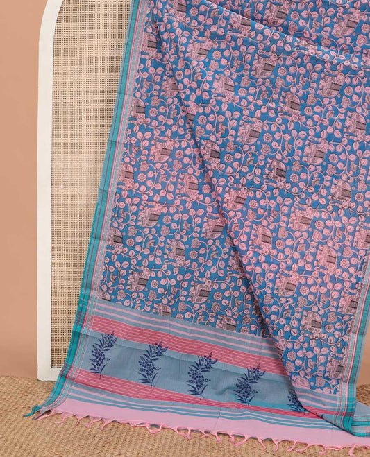 Blue kalamkari-style floral vine & elephant chirala cotton saree, contrast traditional design border & pallu of stripes & floral design