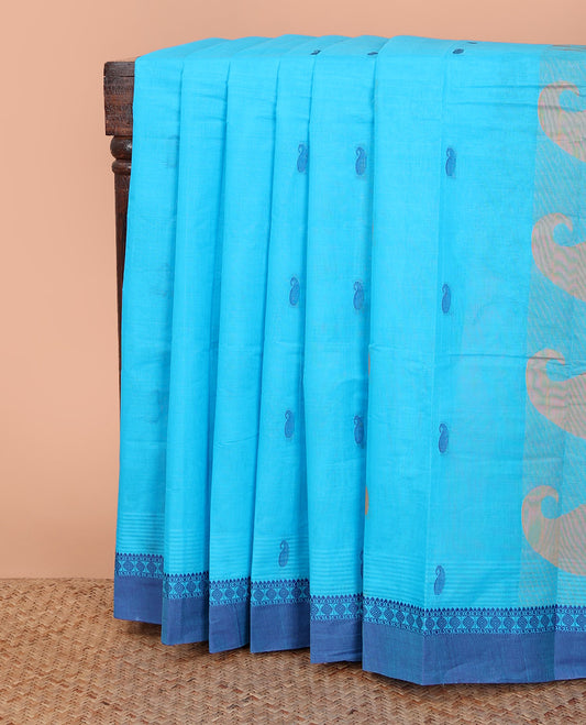Blue paisley buttas Kanchi cotton saree, contrast traditional border, and pallu of paisleys