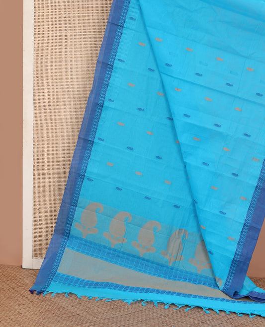 Blue paisley buttas Kanchi cotton saree, contrast traditional border, and pallu of paisleys