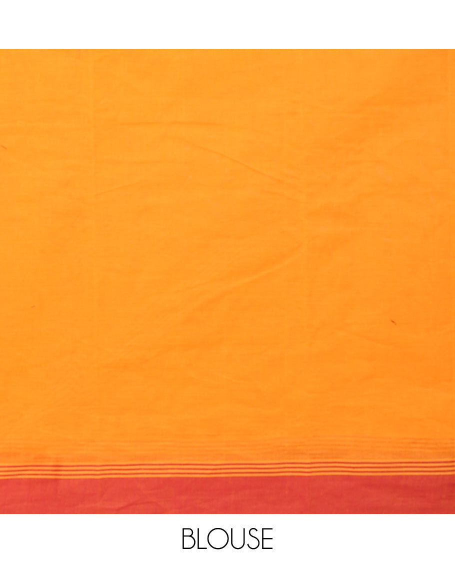 Orange polka dots buttas kanchi cotton saree, contrast  border, and pallu of jaal designs