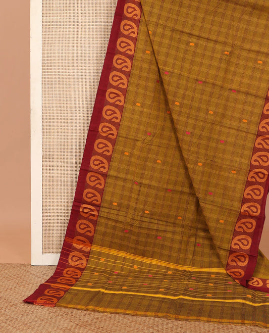 Green buttas and checked Chettinad cotton saree, contrast paisley buttas border, and pallu of stripes, and buttas