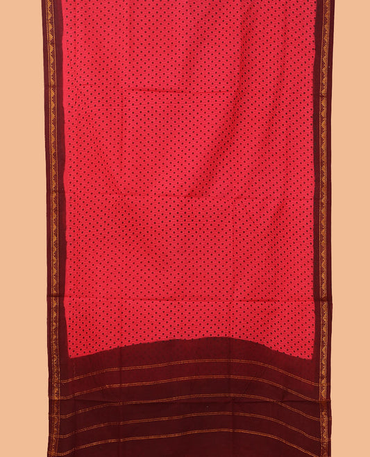 Pink buttas nine-yard cotton saree, contrast temple motifs border, and striped pallu