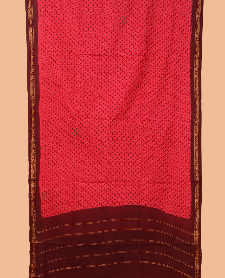 Pink buttas nine-yard cotton saree, contrast temple motifs border, and striped pallu
