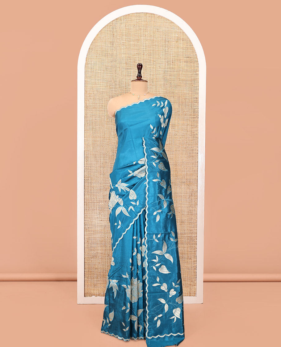 Peacock Blue Dupion Silk Saree, Delicately Decked Up with Floral-Leaf Vine Embroidered On Its Body, Subtle Scallop Border, Artfully Floral Embroidered Pallu, and Paired with a Plain Blouse