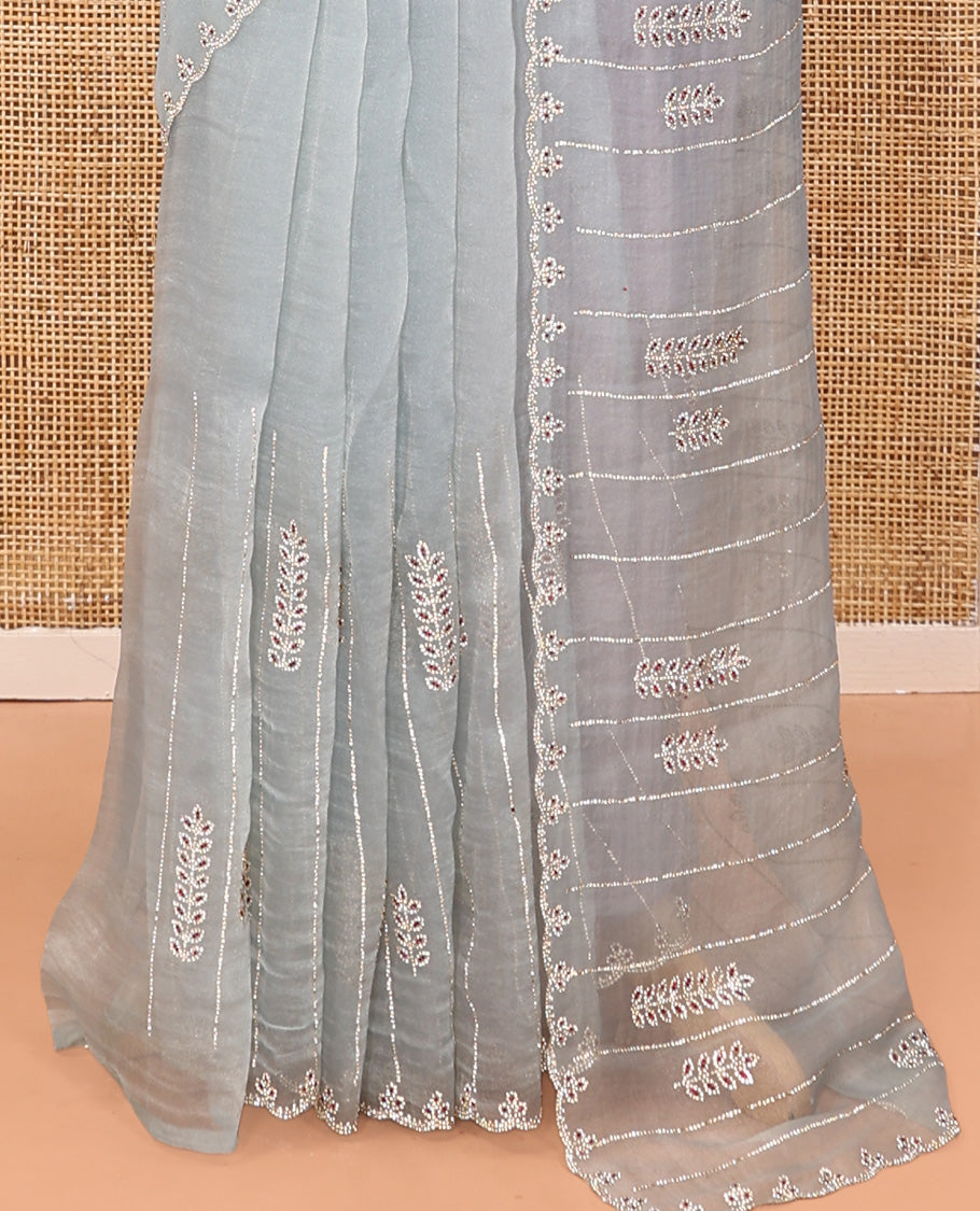 Sky Blue Swarovski and Meena Stonework Organza Designer Saree with Scallop Border, Matching Blouse
