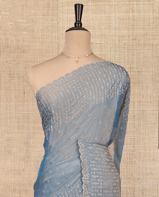 Blue Designer Saree Featuring Stonework, Scallop Stonework Border, Self Pallu, and Matching Blouse