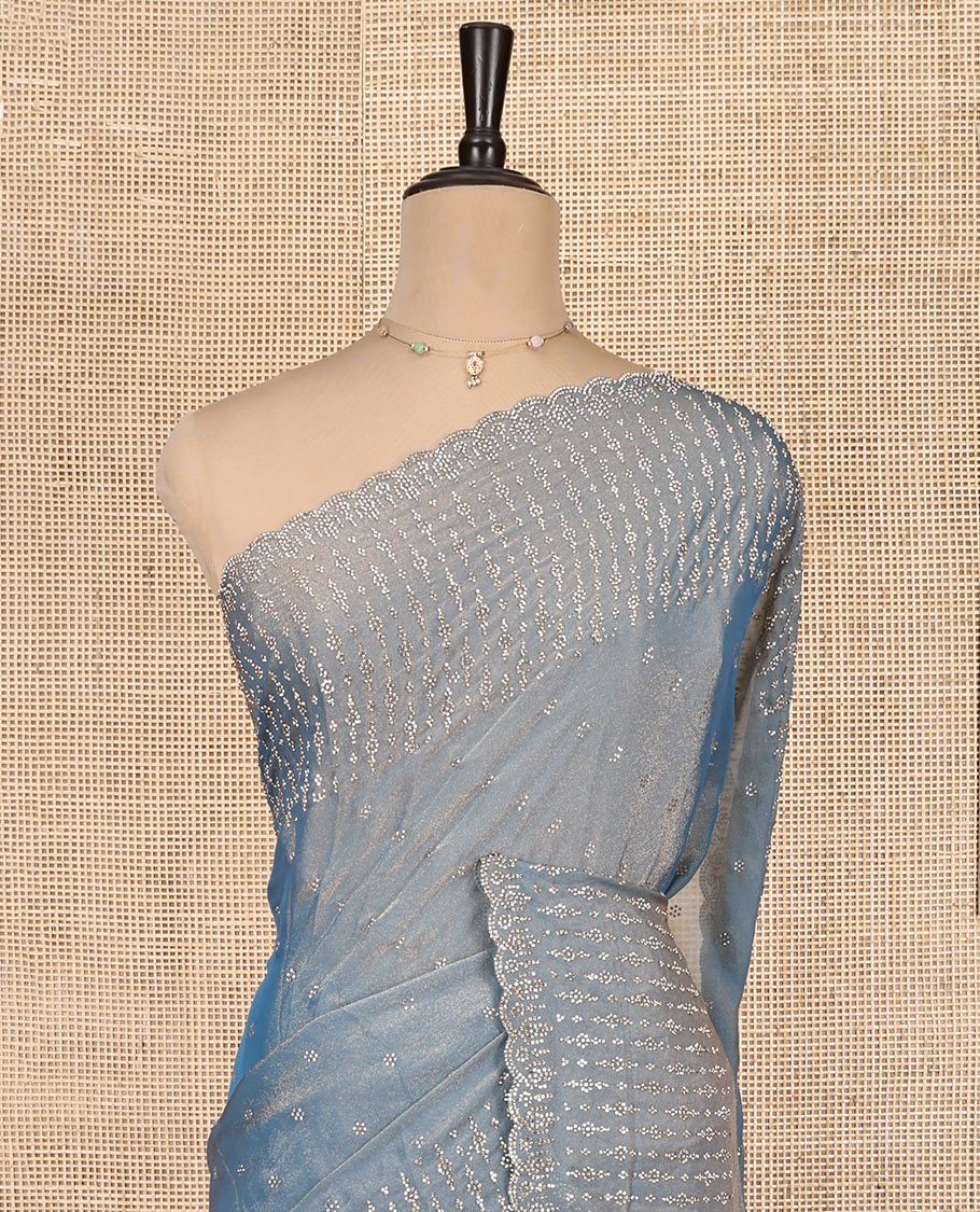 Blue Designer Saree Featuring Stonework, Scallop Stonework Border, Self Pallu, and Matching Blouse