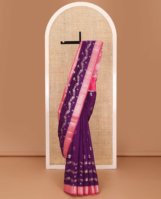 Purple floral buttas, and floral creeper designs raw mango silk saree, contrast traditional zari border, and jaal pallu