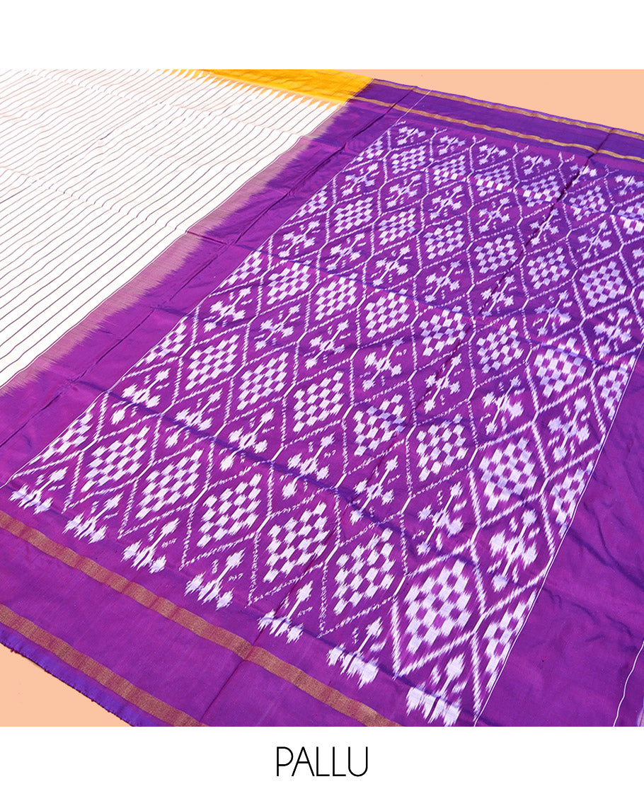 Cream Striped Pochampally Ikat Silk Saree, Complemented by a Contrast Ganga-Jamuna Border, Jaal Pallu, and a Contrast Blouse