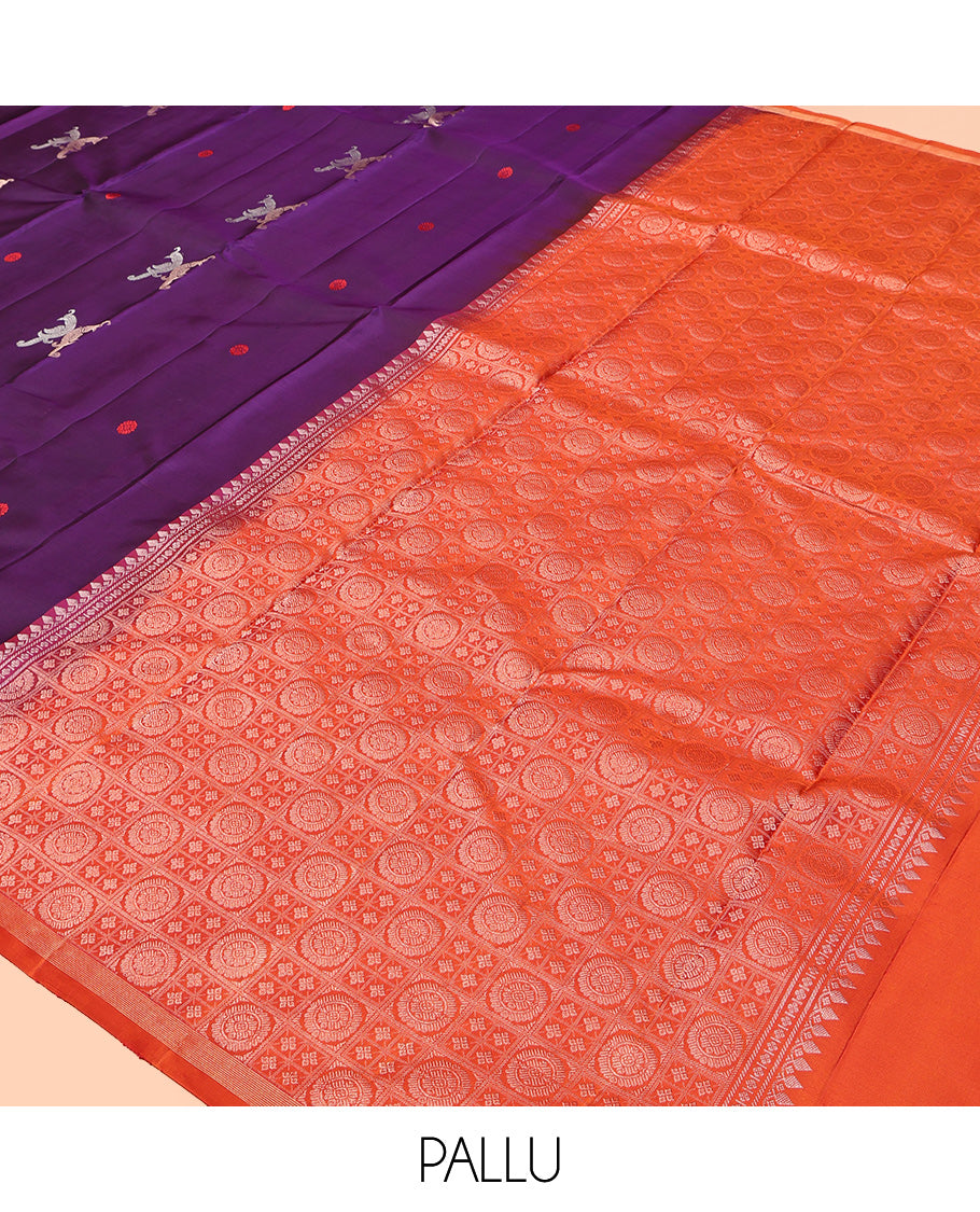 Violet Kanchipuram Silk Saree, Adorned with Kili Buttas, a Contrast Border, Grandly Woven Chakram Motifs Steeped Pallu, and a Contrast Blouse