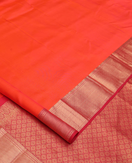 Orange plain Kanchipuram silk saree, contrast border of thilakam, banaras, kuyil kann, and rudraksham designs, and jaal pallu