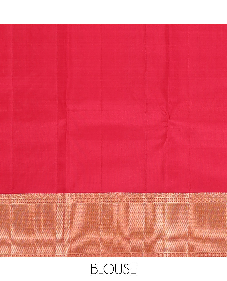 Orange plain Kanchipuram silk saree, contrast border of thilakam, banaras, kuyil kann, and rudraksham designs, and jaal pallu