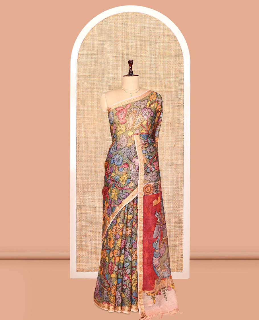 Grey Floral Vine Pen Kalamkari Silk Saree, a Contrast Zari Border, God Motif Pallu, a Contrast Blouse