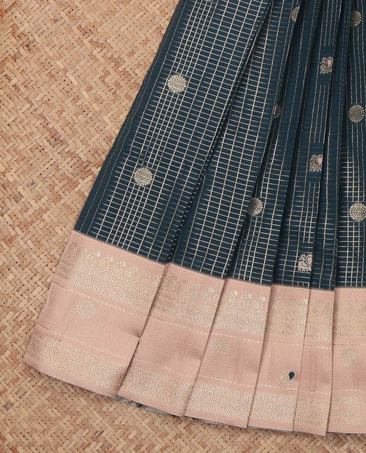 Green Litchi Saree, Bedecked with Peacock-Chakram Buttas and Checks, a Contrast Traditional Zari Border, Finely Crafted Pallu, and a Contrast Blouse