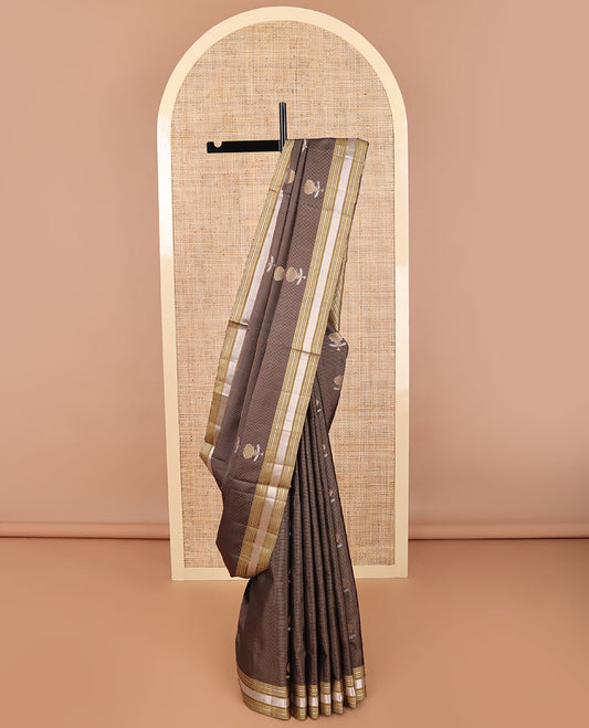 Brown striped, floral motifs mayuri soft silk saree with self striped border & floral design pallu