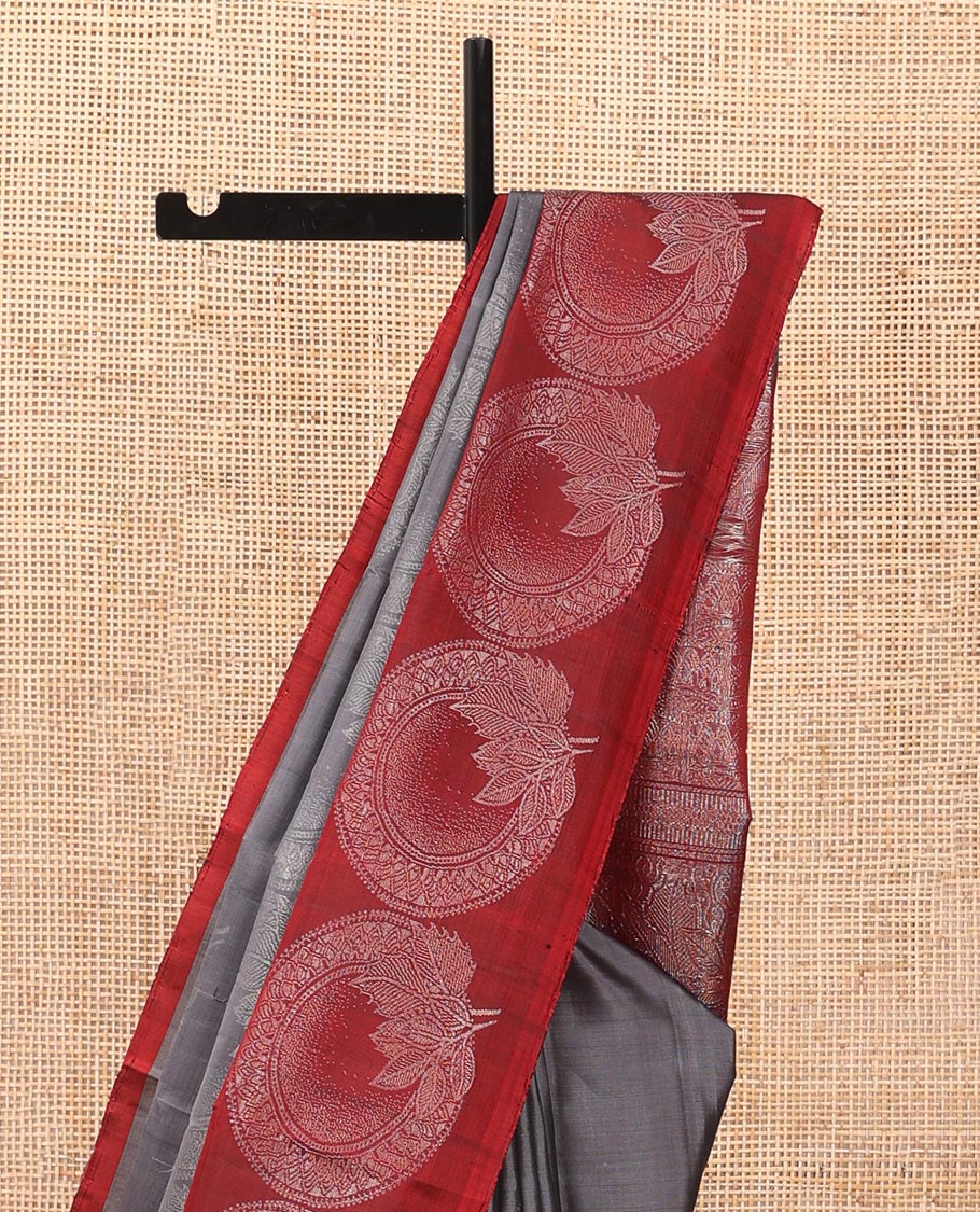 Grey circular zari buttas soft silk saree, contrast circular motif border & leaf creeper pallu