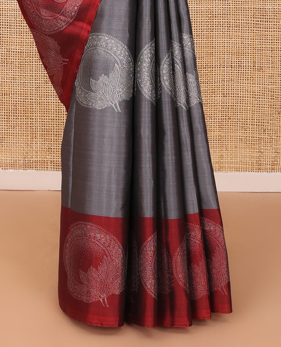 Grey circular zari buttas soft silk saree, contrast circular motif border & leaf creeper pallu