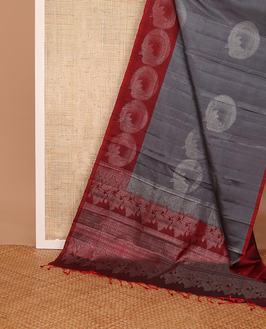 Grey circular zari buttas soft silk saree, contrast circular motif border & leaf creeper pallu