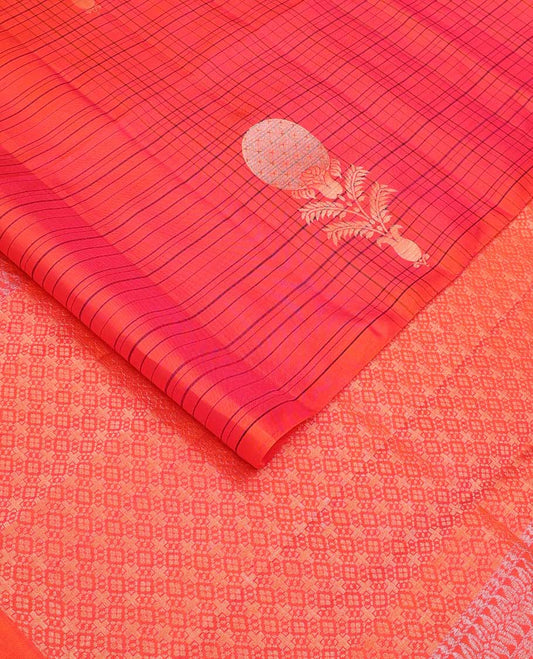 Borderless red checked and floral motifs zari woven soft silk saree, zari-rich pallu of jaal designs