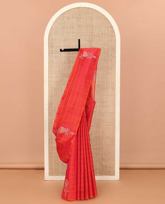 Borderless red checked and floral motifs zari woven soft silk saree, zari-rich pallu of jaal designs