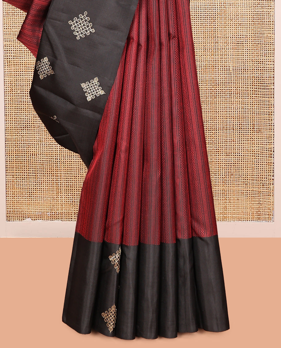 Red Embossed Kanchipuram Silk Saree, a Contrast Kolam Border, Grand Pallu, Contrast Blouse
