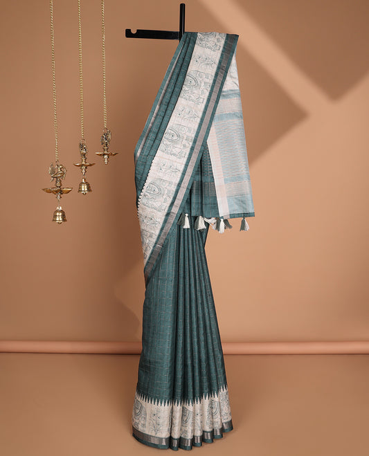 Peacock green all-over copper zari checks design semi tussar saree with floral, elepgant design, copper zari jacqaurd border & linnnin chip pallu along with self ajrackprinted checks blouse