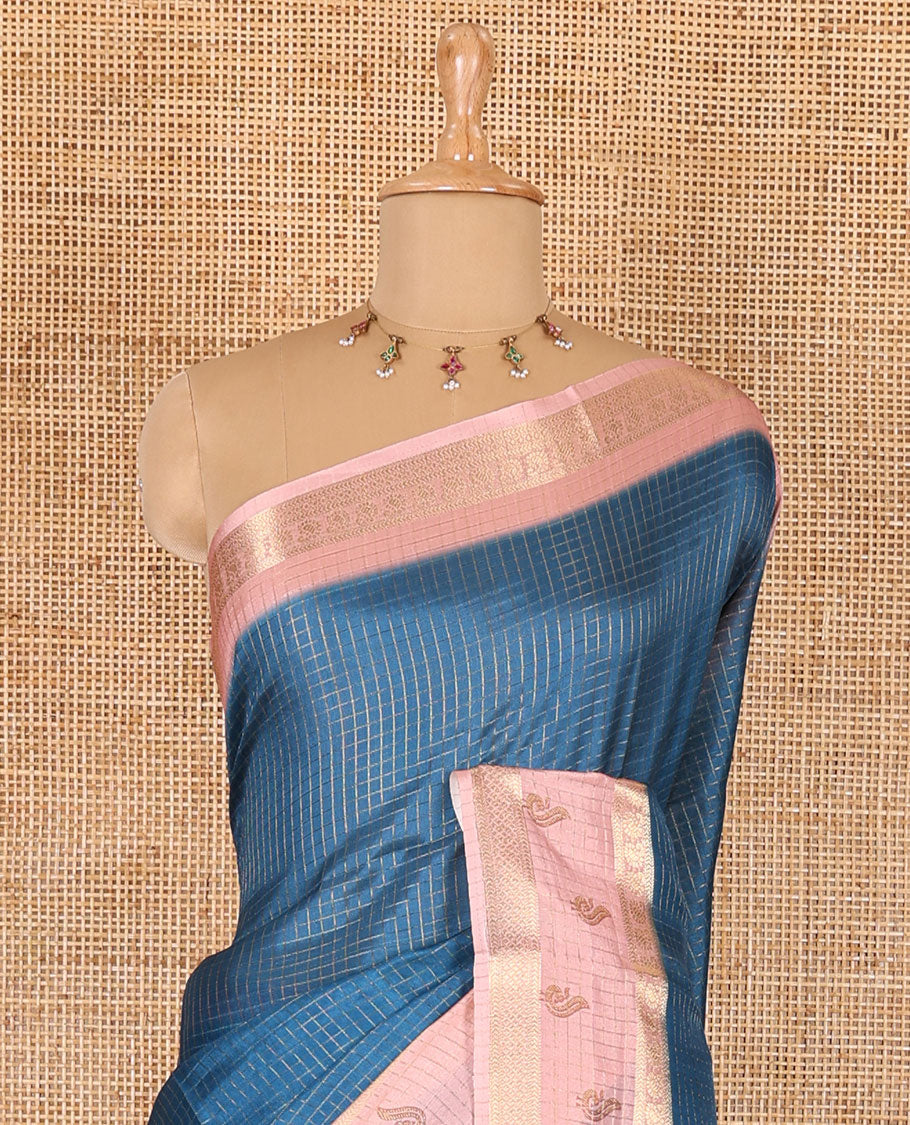 Blue gold zari checked katan silk saree with contrast traditional zari border of peacock print, peacock printed pallu, and contrast printed blouse
