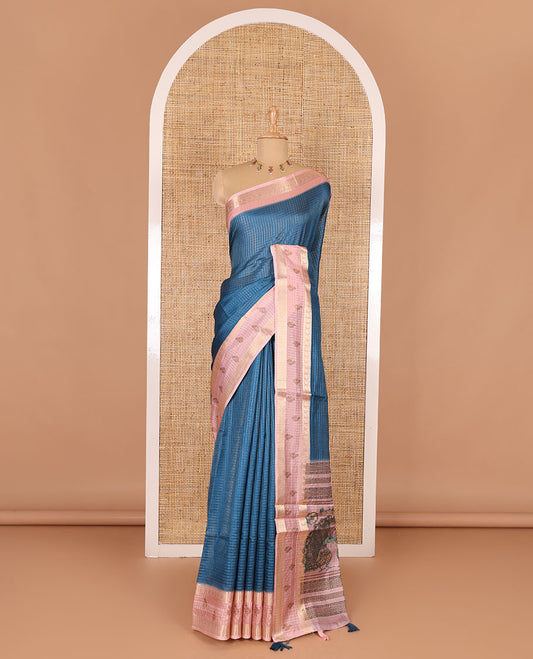 Blue gold zari checked katan silk saree with contrast traditional zari border of peacock print, peacock printed pallu, and contrast printed blouse