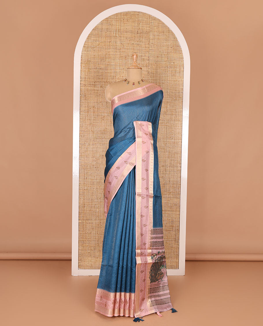 Blue gold zari checked katan silk saree with contrast traditional zari border of peacock print, peacock printed pallu, and contrast printed blouse