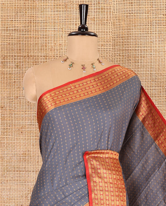 Grey thread butta all over body semi soft silk , contrast traditional border , contrast lining chit pallu