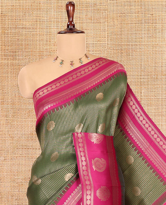 Olive Green Kanchi Silk Saree, Adorned with Zari Buttas and Stripes, Contrast Traditional Zari Border, Jaal Pallu, a Contrast Blouse