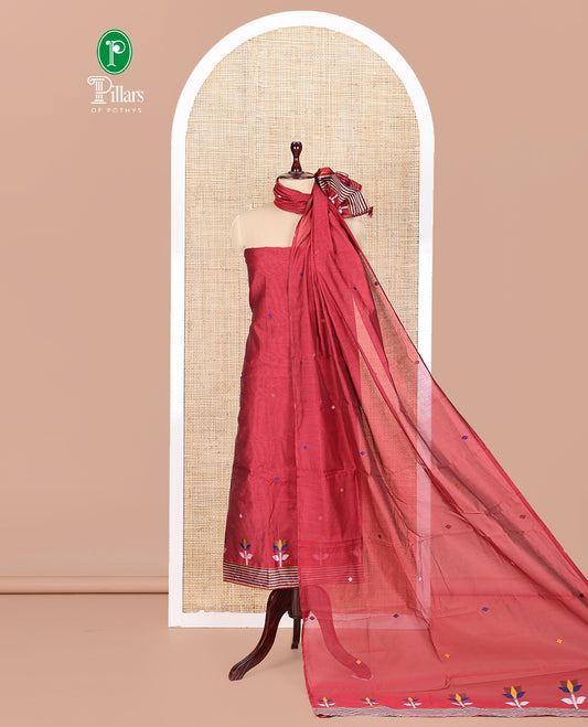 Maroon Mul Chanderi Material Churidar Features Jamdani-Style Meena Buttas Top, a Plain Bottom, and a Jamdani-Style Dupatta