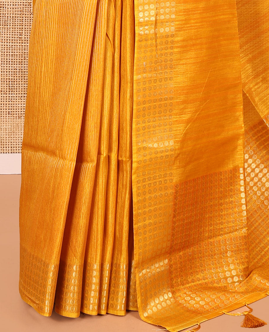 Mustard Fancy Tussar Saree, Polka Dotted Zari Border, Grand Pallu, a Floral Printed Blouse, Matching Blouse