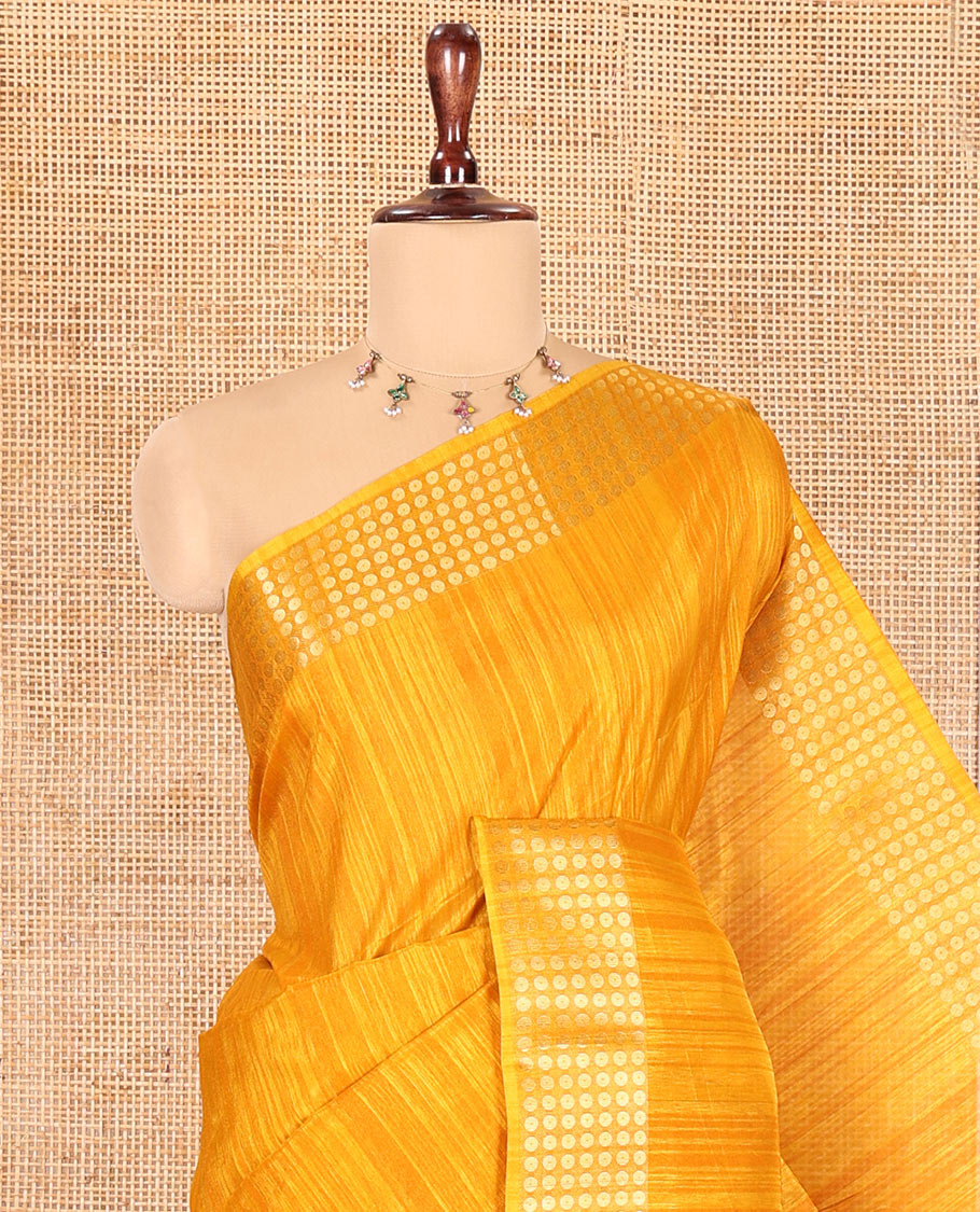 Mustard Fancy Tussar Saree, Polka Dotted Zari Border, Grand Pallu, a Floral Printed Blouse, Matching Blouse