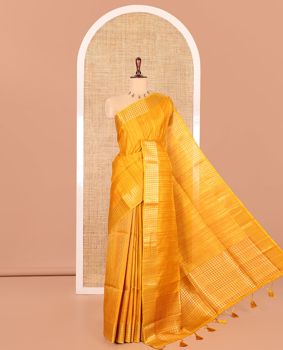 Mustard Fancy Tussar Saree, Polka Dotted Zari Border, Grand Pallu, a Floral Printed Blouse, Matching Blouse