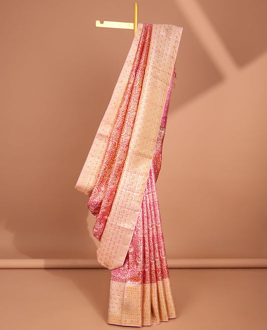 Red floral jacquard samudrika silk saree with contrast korvai zari border & zari design pallu