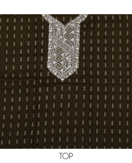 Brown material chudidar set, buttas with neck embroidered top, contrast plain bottom, and thread and sequins embroidered dupatta