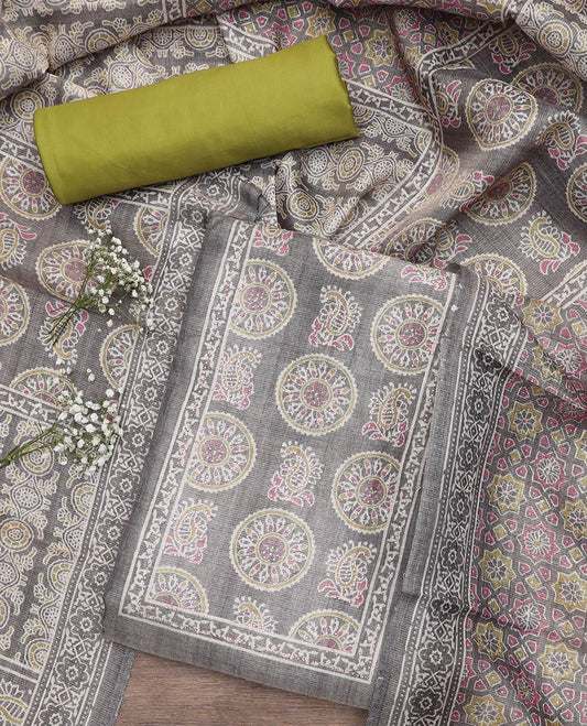 Grey material chudidar set, Ajrakh style printed with stone work top, contrast green plain bottom and Ajrakh printed dupatta